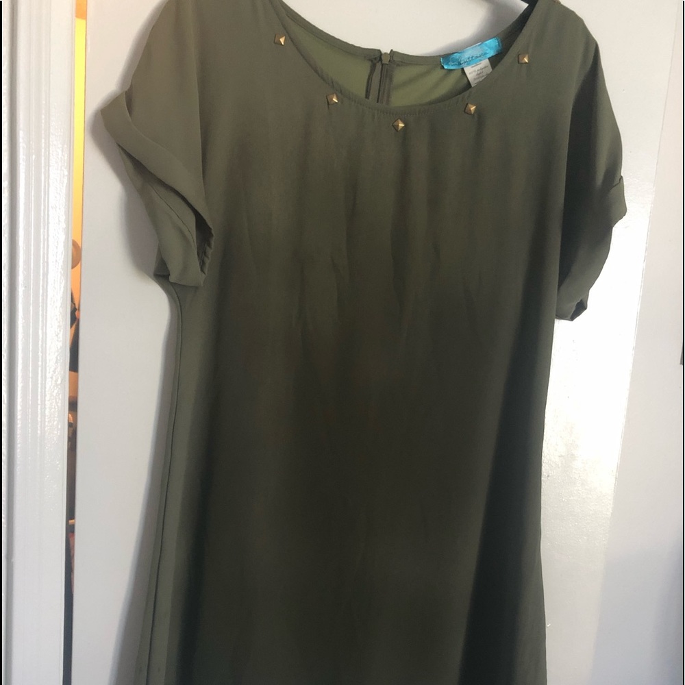 Olive green shift dress with gold details